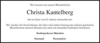 Todesanzeige von Christa Kantelberg von merkurtz