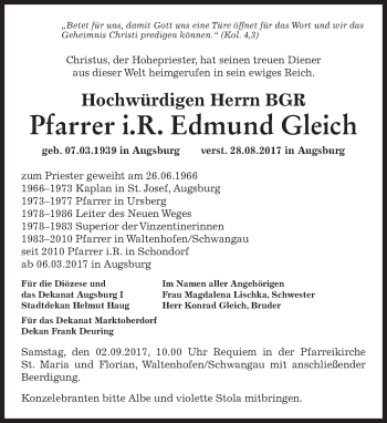 Todesanzeige von Edmund Gleich von merkurtz