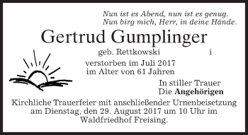 Todesanzeige von Gertrud Gumplinger von merkurtz
