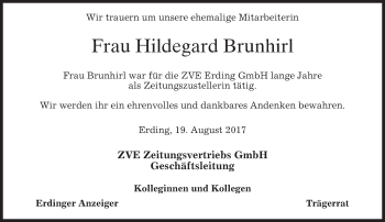 Todesanzeige von Hildegard Brunhirl von merkurtz