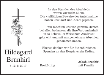 Todesanzeige von Hildegard Brunhirl von merkurtz