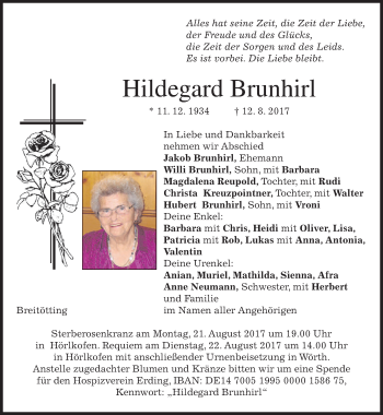 Todesanzeige von Hildegard Brunhirl von merkurtz