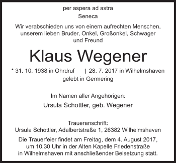 Todesanzeige von Klaus Wegener von merkurtz