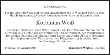 Todesanzeige von Korbinian Weiß von merkurtz