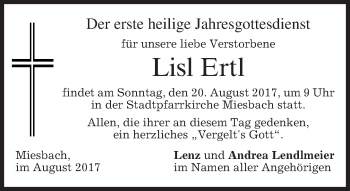 Todesanzeige von Lisl Ertl von merkurtz