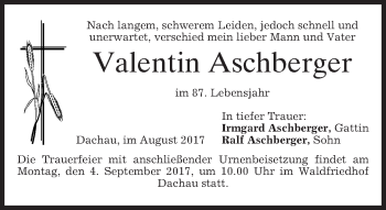 Todesanzeige von Valentin Aschberger von merkurtz