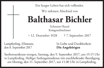 Todesanzeige von Balthasar Bichler von merkurtz
