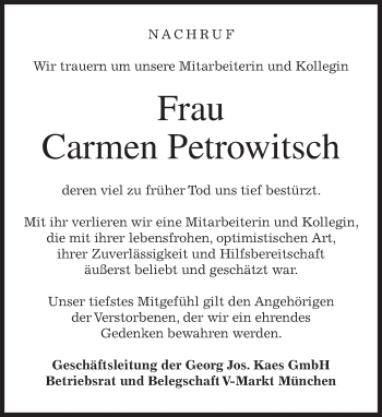 Todesanzeige von Carmen Petrowitsch von merkurtz