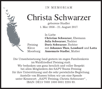Todesanzeige von Christa Schwarzer von merkurtz