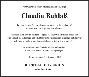 Todesanzeige von Claudia Ruhfaß von merkurtz
