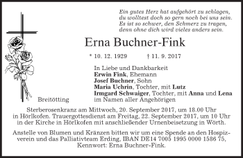 Todesanzeige von Erna Buchner-Fink von merkurtz