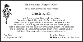 Todesanzeige von Gusti Kröh von merkurtz