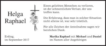 Todesanzeige von Helga Raphael von merkurtz
