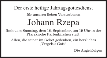Todesanzeige von Johann Rzepa von merkurtz