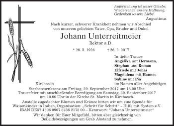 Todesanzeige von Johann Unterreitmeier von merkurtz