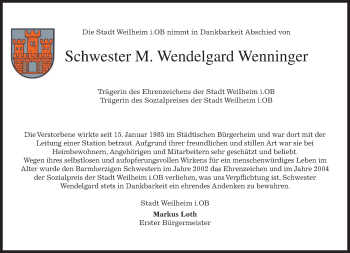 Todesanzeige von M. Wendelgard Wenninger von merkurtz