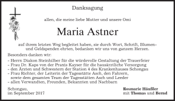 Todesanzeige von Maria Astner von merkurtz