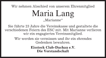 Todesanzeige von Maria Lang von merkurtz