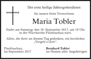 Todesanzeige von Maria Tobler von merkurtz