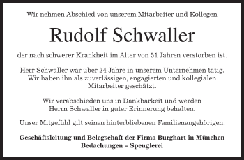 Todesanzeige von Rudolf Schwaller von merkurtz