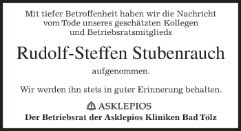 Todesanzeige von Rudolf-Steffen Stubenrauch von merkurtz