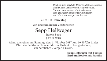 Todesanzeige von Sepp Hellweger von merkurtz