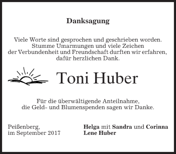 Todesanzeige von Toni Huber von merkurtz