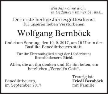 Todesanzeige von Wolfgang Bernböck von merkurtz