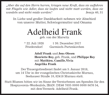 Todesanzeige von Adelheid Frank von merkurtz
