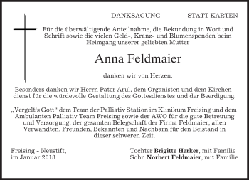 Todesanzeige von Anna Feldmaier von merkurtz