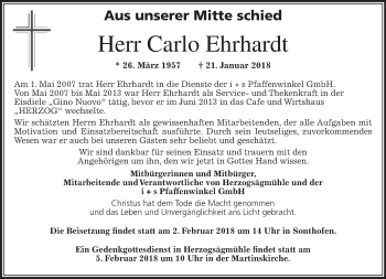 Todesanzeige von Carlo Ehrhardt von merkurtz