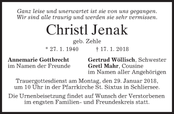 Todesanzeige von Christl Jenak von merkurtz
