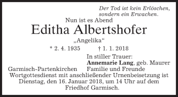 Todesanzeige von Editha Albertshofer von merkurtz