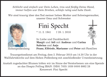 Todesanzeige von Fini Specht von merkurtz