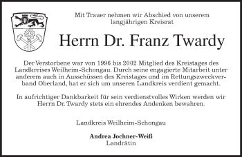 Todesanzeige von Franz Twardy von merkurtz