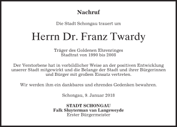 Todesanzeige von Franz Twardy von merkurtz