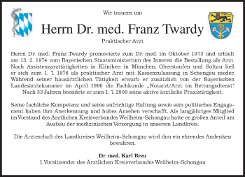 Todesanzeige von Franz Twardy von merkurtz