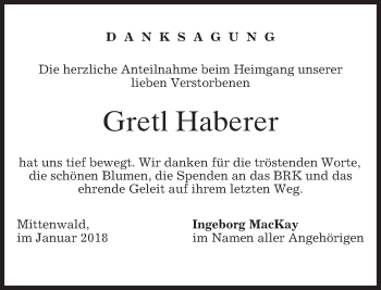 Todesanzeige von Gretl Haberer von merkurtz