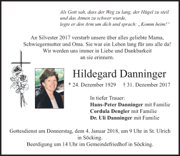 Todesanzeige von Hildegard Danninger von merkurtz