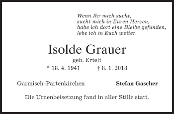 Todesanzeige von Isolde Grauer von merkurtz