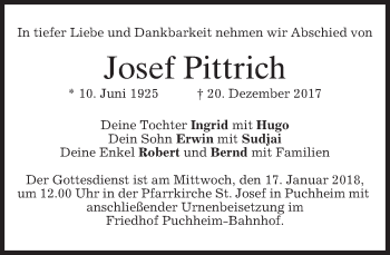 Todesanzeige von Josef Pittrich von merkurtz