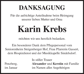 Todesanzeige von Karin Krebs von Das Gelbe Blatt Penzberg