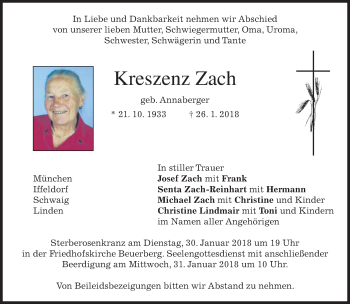Todesanzeige von Kreszenz Zach von merkurtz