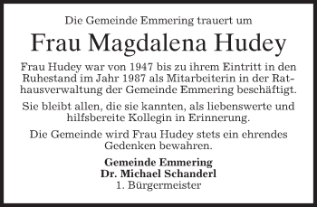 Todesanzeige von Magdalena Hudey von merkurtz