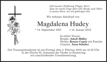 Todesanzeige von Magdalena Hudey von merkurtz