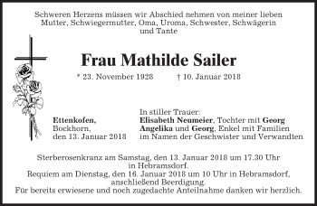 Todesanzeige von Mathilde Sailer von merkurtz