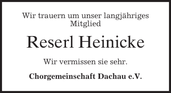 Todesanzeige von Reserl Heinicke von merkurtz