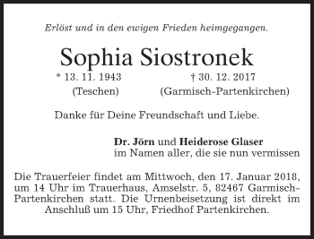 Todesanzeige von Sophia Siostronek von merkurtz