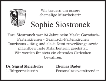 Todesanzeige von Sophie Siostronek von merkurtz