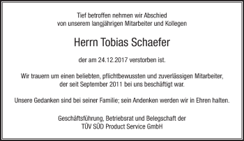Todesanzeige von Tobias Schaefer von merkurtz